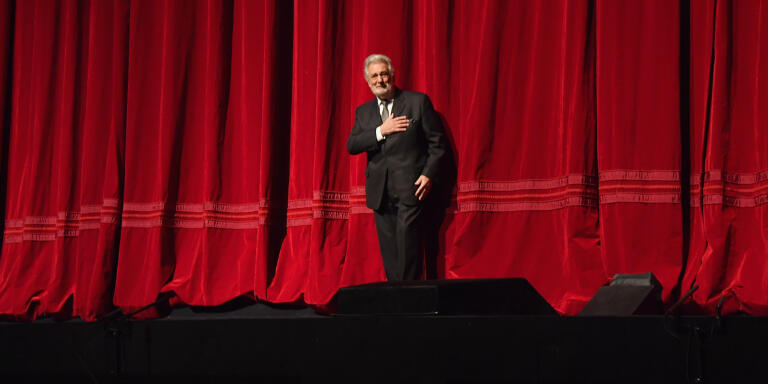 Spanish opera singer Placido Domingo speaks onstage at his 50th anniversary celebration at the season premiere of Trittico at the Metropolitan Opera on November 23, 2018 in New York City. (Photo by Angela Weiss / AFP)