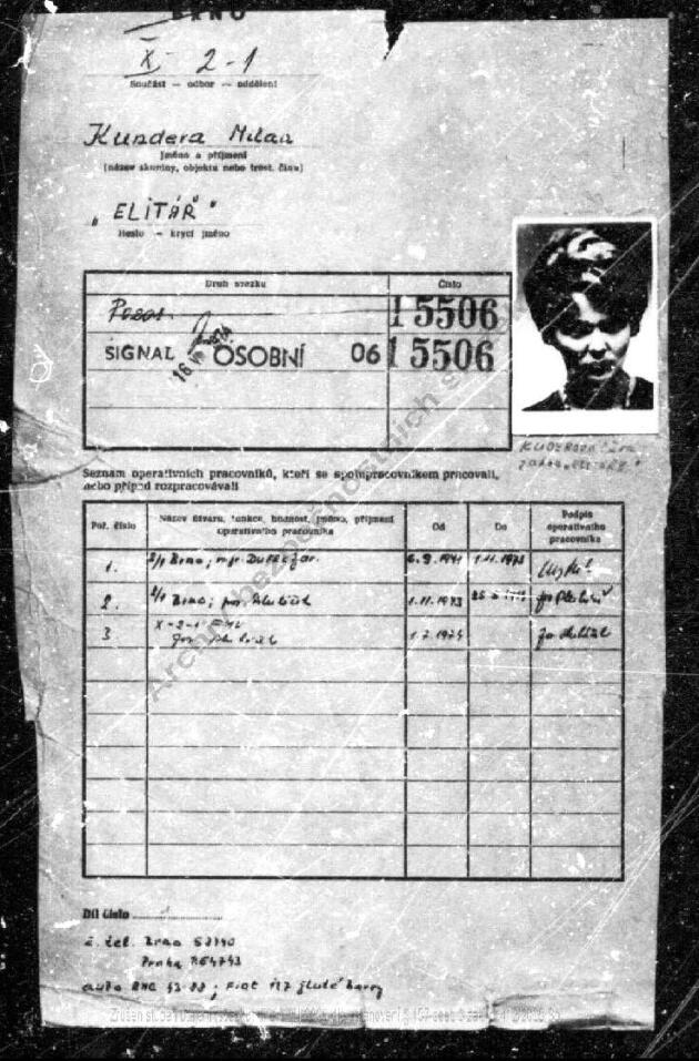Une page du dossier « Elitar » ouvert par la police secrète tchécoslovaque sur Milan Kundera.