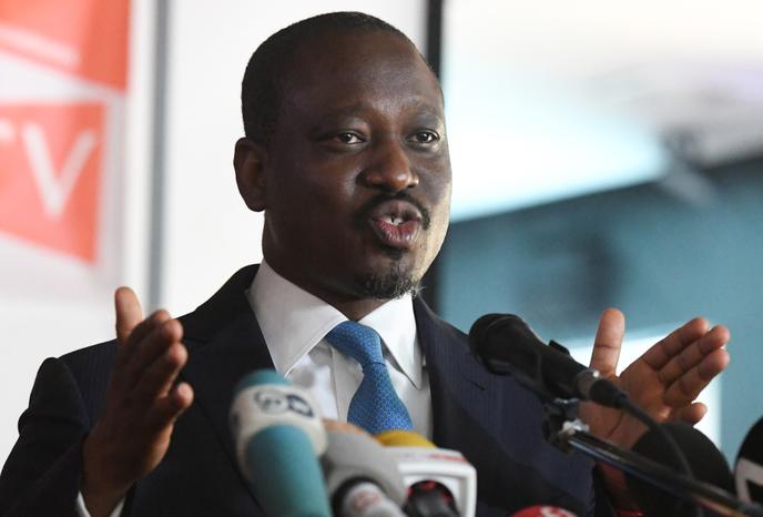 Guillaume Soro s’exprime lors du lancement d’un nouveau mouvement, appelé Comité politique, une semaine après sa démission du poste de président de l’Assemblée nationale ivoirienne, le 15 février 2019, à Abidjan.