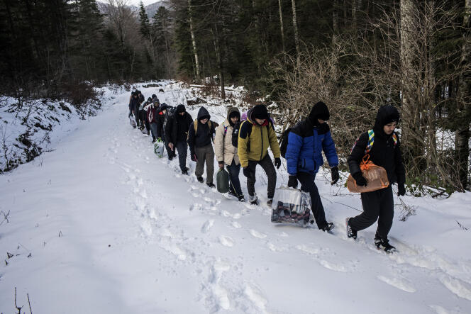 Un groupe de migrants égyptiens emprunte un chemin – connu pour contenir encore des mines datant de la guerre en Bosnie – afin de tenter le passage vers la Croatie, près de Bihac (Bosnie), le 15 décembre 2019.