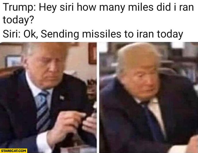 La légende de l’une des images la plus partagée sur les réseaux sociaux imagine que Donald Trump a pu déclencher la guerre par erreur en parlant à son assistant vocal.