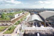 Sur l’un des côtés de la gare, le projet prévoit de construire un nouveau bâtiment coiffé de restaurants, de cafés et d’un parc urbain.