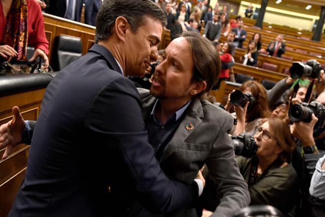 Pedro Sanchez et Pablo Iglesias, le 7 janvier au Parlement, à Madrid.