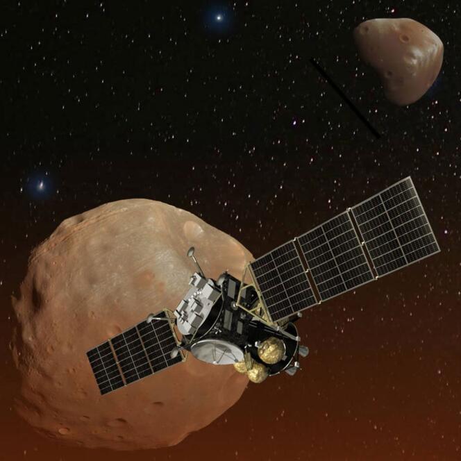 Illustration de la mission japonaise Martian Moons eXploration (MMX) pour étudier Phobos puis Deimos.