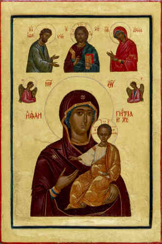 « La Vierge qui-montre-le-chemin est un des types de représentation les plus anciens de la Mère de Jésus-Christ. Elle est représentée sur cette célèbre icône du monastère Sainte-Catherine, au mont Sinaï, avec deux anges et une représentation de la Déisis, la Vierge et saint Jean-Baptiste de part et d’autre du Christ, symboles de l’Eglise implorante. A Constantinople, la Mère de Dieu serait apparue à deux aveugles. Les prenant par la main, elle les a, comme sur l’icône, conduit vers son fils au célèbre monastère et sanctuaire de l’Hodigitria, où ils ont recouvré la vue. »