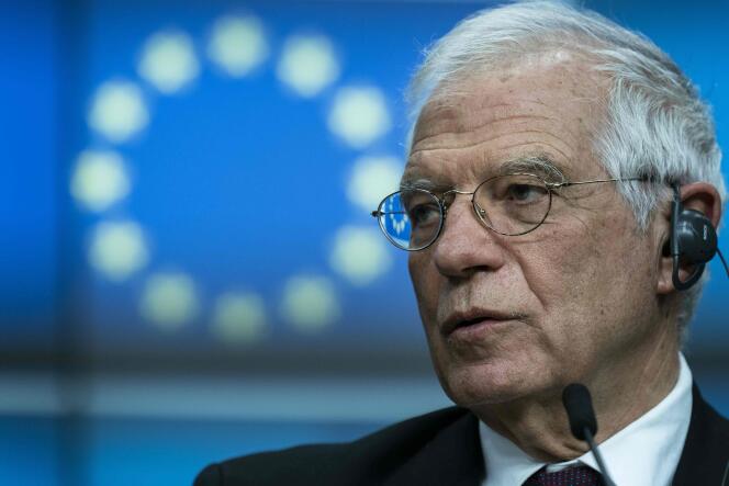 Le haut représentant de l’Union européenne pour les affaires étrangères et la politique de sécurité, Josep Borrell, lors d’une conférence de presse à l’issue de la réunion des ministres des affaires étrangères de l’UE, le 20 janvier, à Bruxelles.