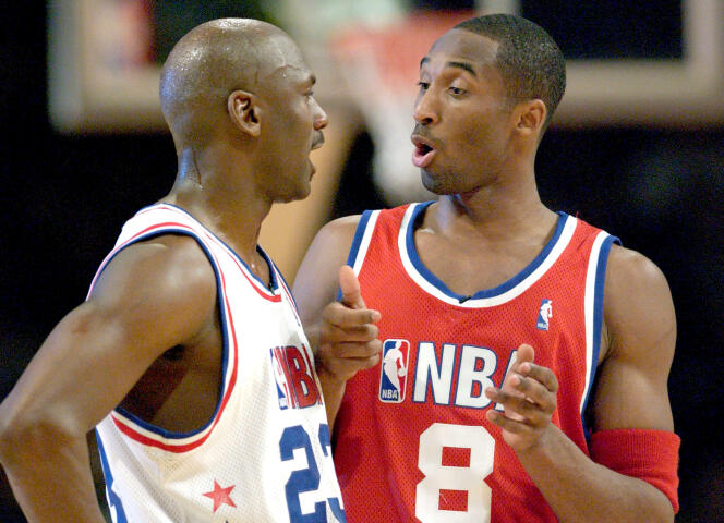Michael Jordan et Kobe Bryant en match all-star NBA à Atlanta (Géorgie), le 9 février 2003.