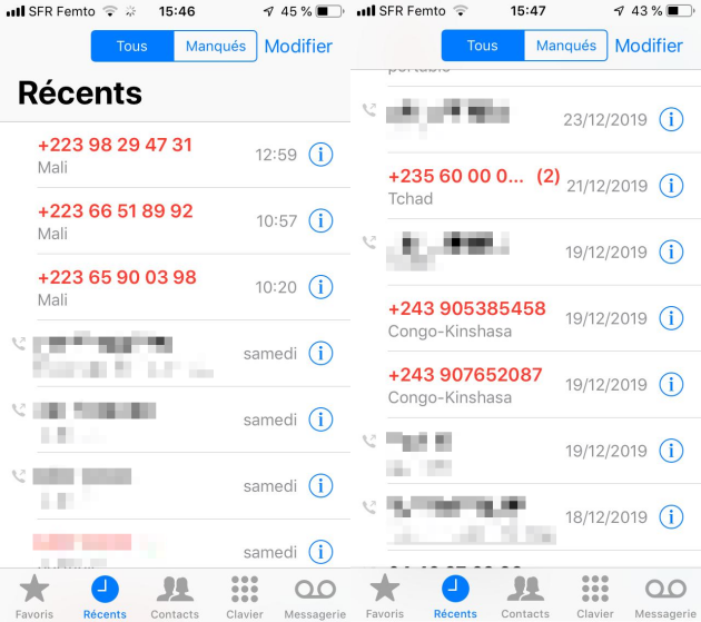 Des exemples de « ping calls » sur le téléphone d'un abonné français.