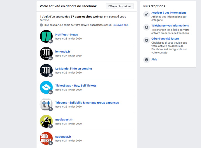 Companies collecting data online and communicating it to Facebook now appear in a dedicated page, with different options for deleting their history.