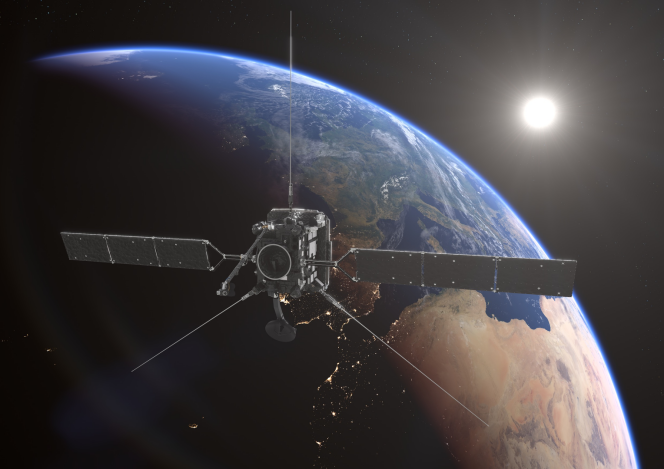 Vue d'artiste de Solar Orbiter faisant un survol de la Terre.