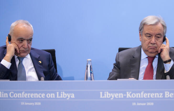 Ghassan Salamé, l’émissaire de l’ONU en Libye (à gauche), et Antonio Guterres, le secrétaire général des Nations unies, au sommet de Berlin, le 19 janvier 2020.