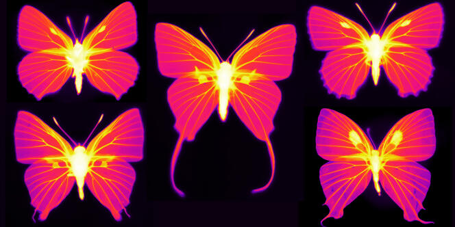 Les parties vivantes des ailes (veines des ailes et organes androconiaux) ont une émissivité thermique élevée (image infrarouge).