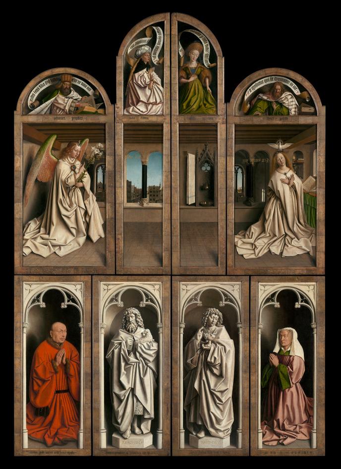 « L’Adoration de l’Agneau mystique » (1432), de Jan et Hubert Van Eyck, volets extérieurs, cathédrale Saint-Bavon, à Gand (Belgique).