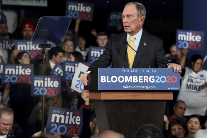 Le candidat à l’investiture du Parti démocrate Michael Bloomberg à la tribune d’un meeting de campagne à Philadelphie (Pennsylvanie), le 4 février.