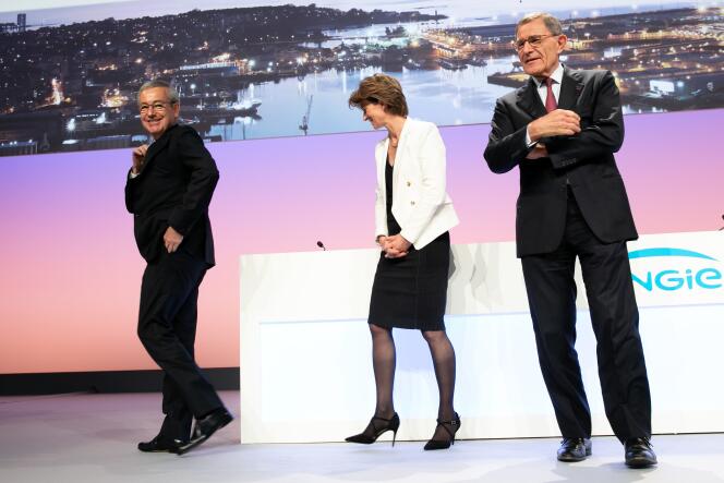 Jean-Pierre Clamadieu, Isabelle Kocher et Gérard Mestrallet, lors de l’assemblée générale annuelle d’Engie à Paris, en mai 2018.