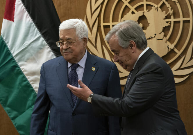 Le président de l’Autorité palestinienne, Mahmoud Abbas, et le secrétaire général de l’ONU, Antonio Guterres, le 25 septembre 2019 lors de l’assemblée générale des Nations unies, à New York.