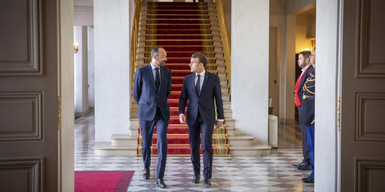 Emmanuel Macron, président de la Répubique et Edouard Philippe, Premier Ministre, participent à une réunion de lancement de la reconstruction de la Cathédrale de Notre-Dame de Paris au Palais de l'Elysée à Paris, mercredi 17 avril 2019 