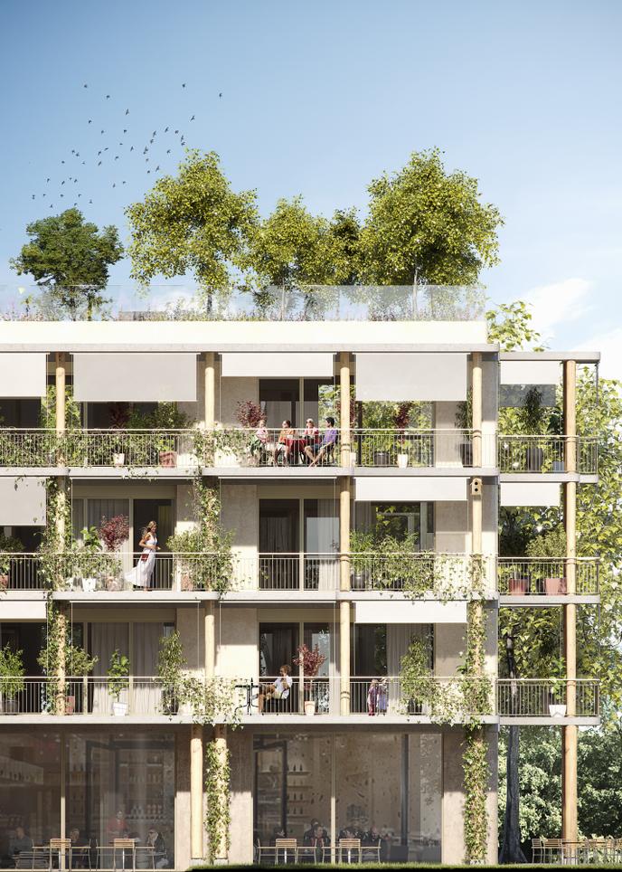 Vue d’artiste d’un immeuble qui sera construit sur la commune de Plan-les-Ouates, près de Genève, par la coopérative « La Bistoquette », avec le cabinet d’architecture ATBA. Playtime