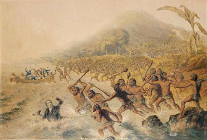 « Le Massacre du regretté missionnaire le révérend J. Williams et de M. Harris », à Vanuatu, en 1839. Illustration de George Baxter, 1841