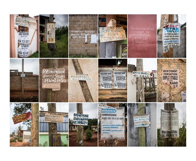 Offres d’emploi recensées dans plusieurs quartiers de Yaoundé. « Ces boulots sont souvent très mal payés, quand ce ne sont pas des arnaques », explique Rodrigue.