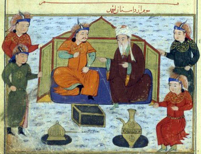 Miniature représentanr le prince mongol Ahmad Teküder en conversation avec le savant musulman Shams Al-Din Juwayni, qui fut à Bagdad le protecteur du savant juif Ibn Kammuna.