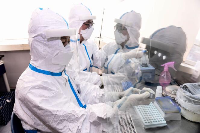 Des techniciens de laboratoire testent des échantillons au COVID-19, à Shenyang, au nord-est de la Chine, le 12 février.