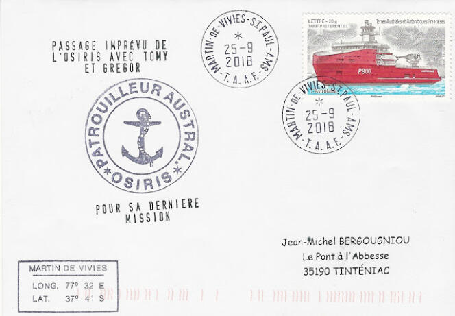 Pli d’Amsterdam (Terres australes françaises) réalisé par l’association La Marcophilie navale à l’occasion du sauvetage des marins de la Golden Globe Race en septembre 2018.