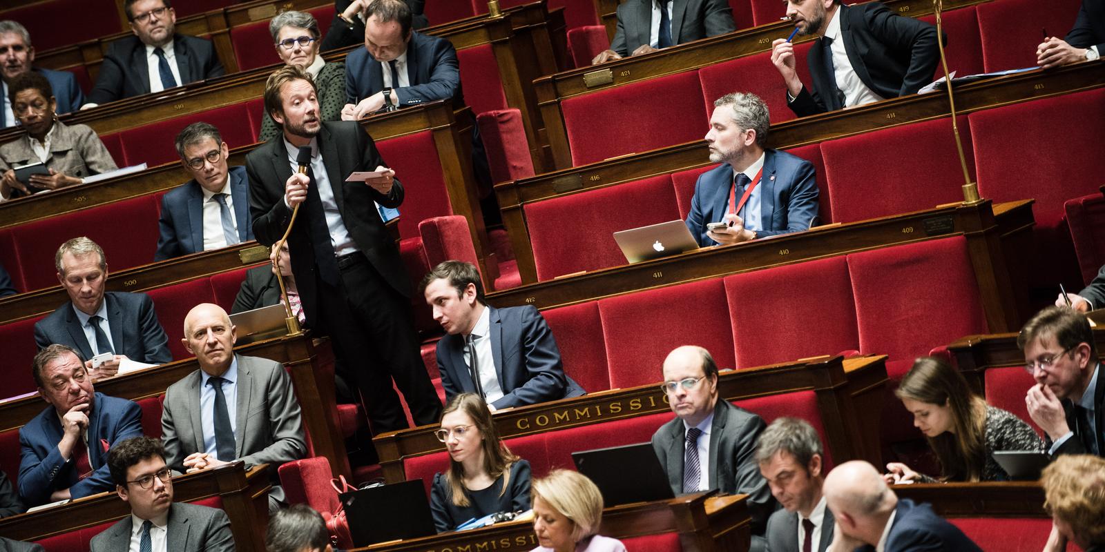 Paris, France le 17 fevrier 2020. Premier jour de discussion à l’Assemblée nationale du projet de loi relatif au système universel de retraite. Le député socialistes et apparentés Boris Vallaud prend la parole pour la motion de rejet préalable du projet de loi ordinaire.