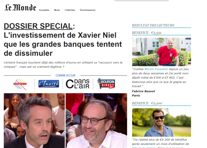 Capture d’écran du site Weeklyal, qui usurpe l’identité du « Monde » et invente des déclarations de Xavier Niel pour promettre un « raccourci vers la richesse ».