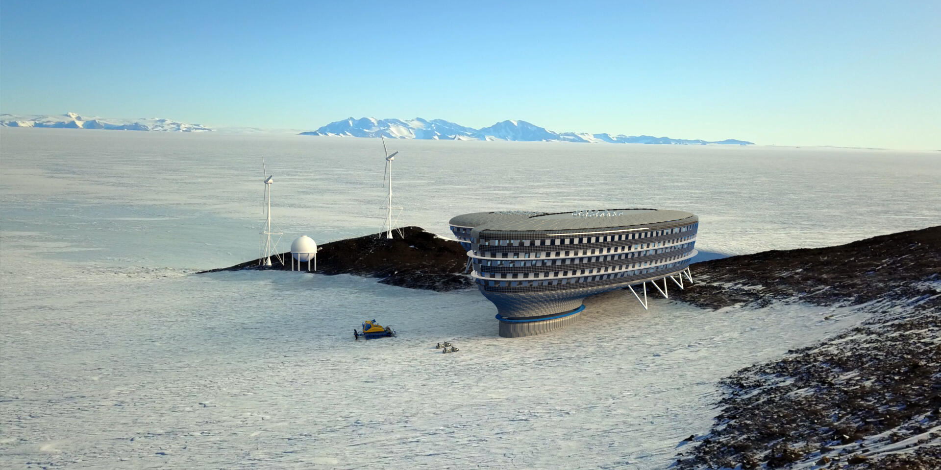 Image de synthèse montrant le projet de la station « Andromeda » en Antarctique, de la Fondation polaire internationale.