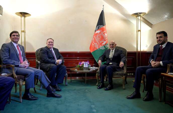 US Secretary of State Mike Pompeo (second from left) and Afghan President Ashraf Ghani (next to the flag) in Munich, Germany, at the Security Conference on February 14.