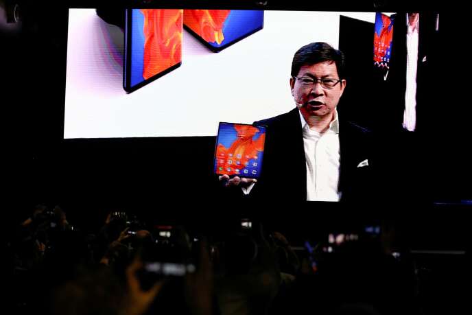 Richard Yu, the head of Huawei's mobile division, presents the brand's latest model, the Mate XS (a high-end foldable device), in Barcelona on February 24.