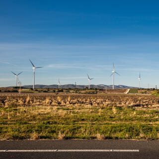 EcoParc Catalan, à Pézilla La Rivière, avec vue sur les éoliennes, et le Canigó.
