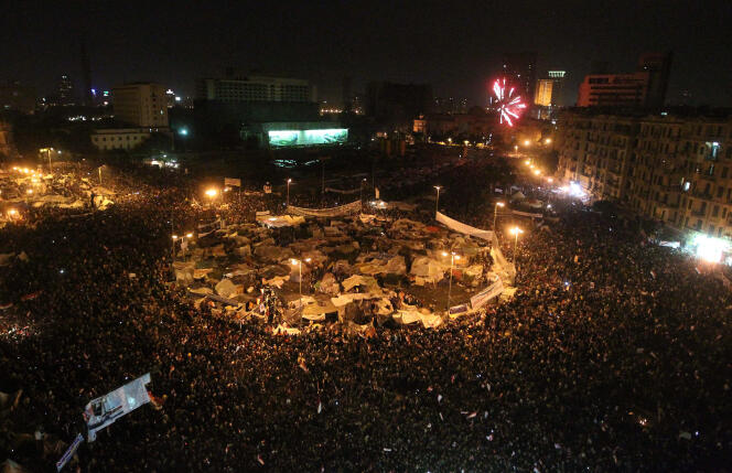 La place Tahrir le 11 février 2011, jour du départ d’Hosni Moubarak.