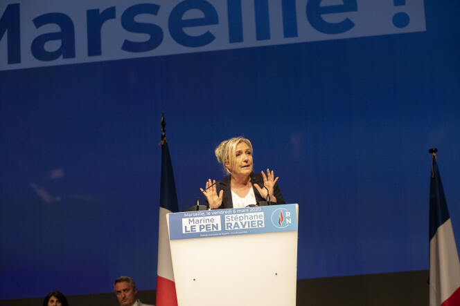Marine Le Pen au meeting RN du parc Chanot, le 6 mars à Marseille.