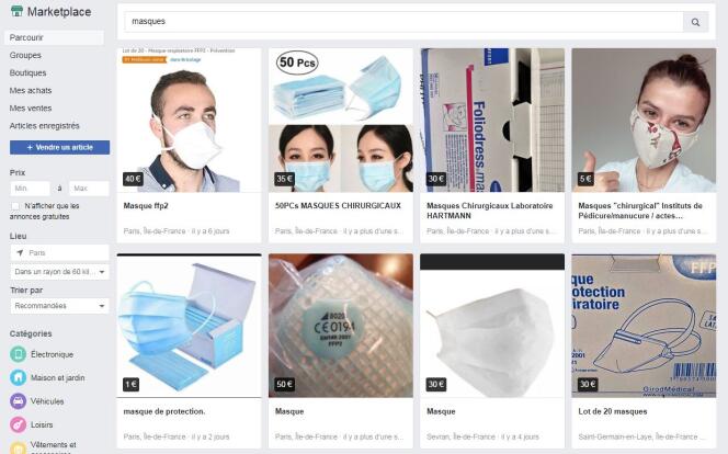 Lundi en fin de matinée, on trouvait toujours des annonces pour des masques médicaux sur Facebook.