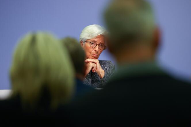 La présidente de la Banque centrale européenne, Christine Lagarde, lors d’une conférence de presse à Francfort, le 12 mars.