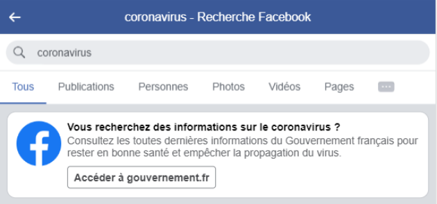 Facebook renvoie vers le gouvernement pour toute recherche sur le coronavirus.