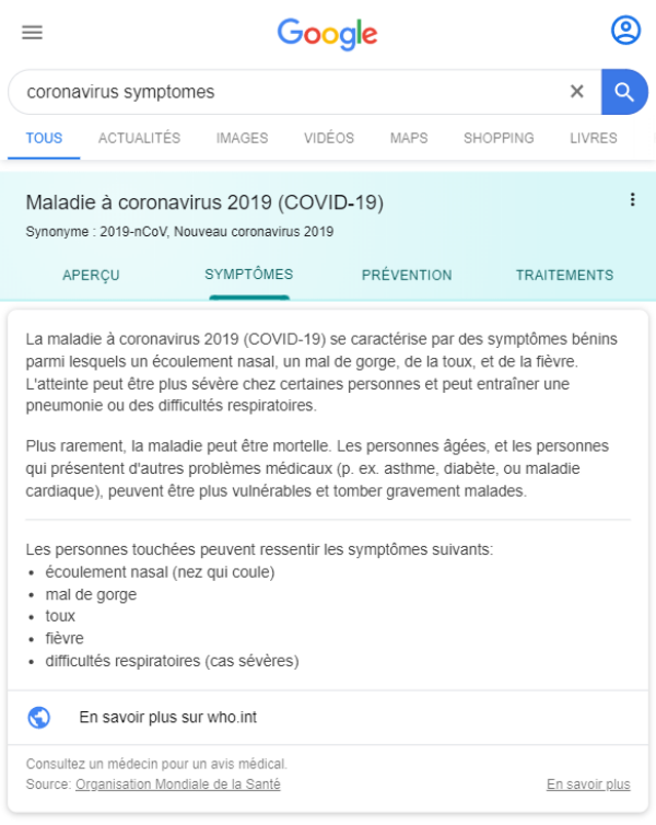 Google affiche directement les symptômes du coronavirus, tels que présentés par l’Organisation mondiale de la santé.