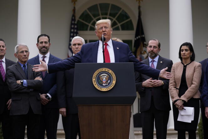 Donald Trump, lors d’une conférence de presse sur l’épidémie de Covid-19, à la Maison Blanche, à Washington, le 13 mars 2020.