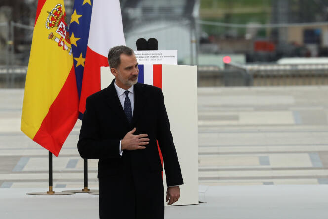 Le roi d’Espagne, Felipe VI, lors d’une cérémonie en hommage aux victimes du terrorisme, le 11 mars, à Paris.