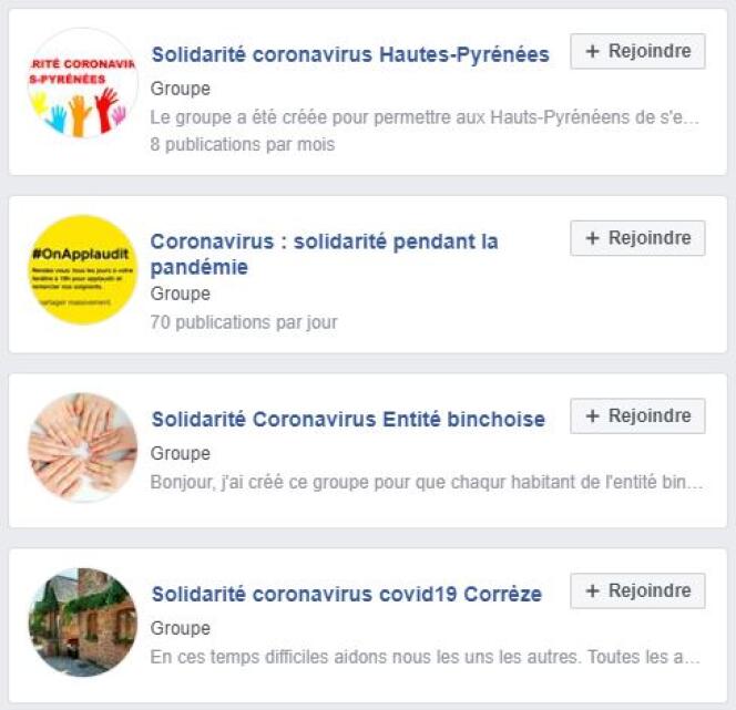 Plusieurs groupes Facebook en lien avec le coronavirus.