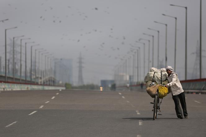 Un vendeur ambulant de primeurs et son chargement,  à Noida, dans les environs de New Dehli, en Inde.