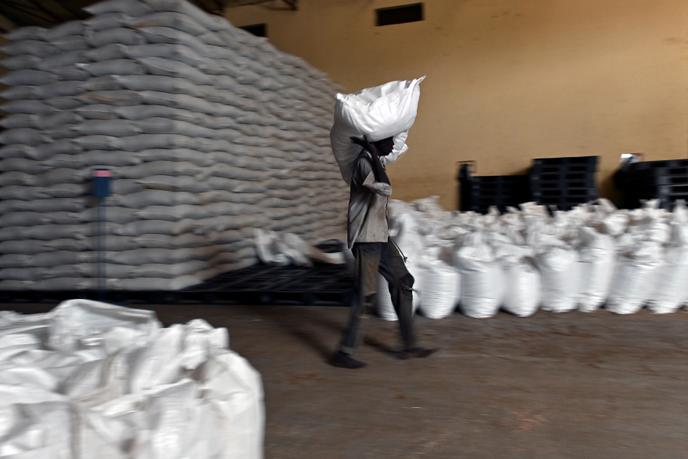 Stock d’aide alimentaire du Programme alimentaire mondial (PAM) à Juba, au Soud du Sud, le 5 février 2020.