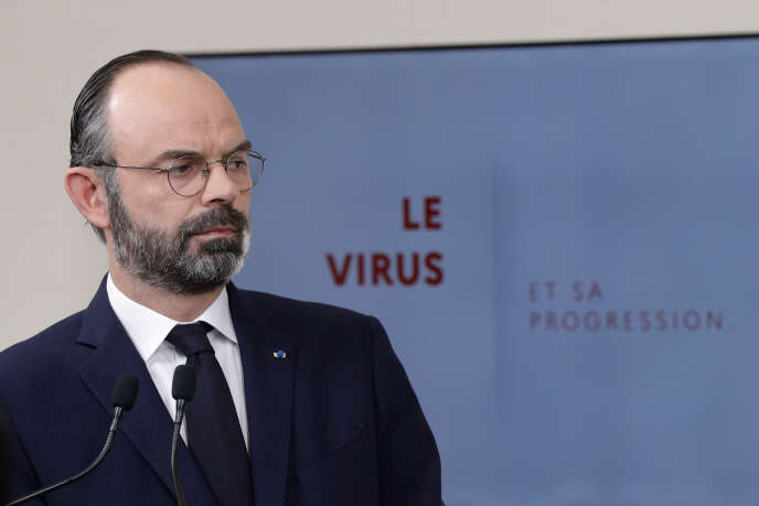 Le premier ministre français, Edouard Philippe, lors d’une conférence de presse à Paris, le 28 mars, au douzième jour du confinement décrété par les autorités pour enrayer la pandémie de Covid-19.