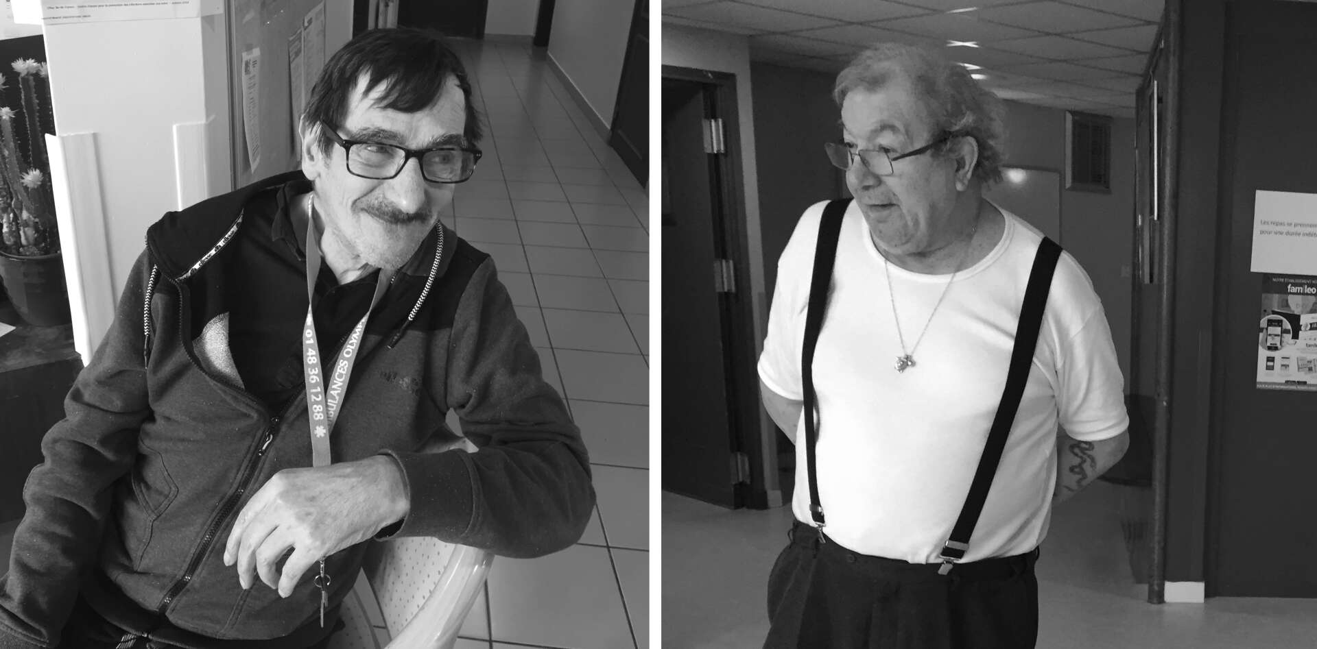 Deux pensionnaires (dont Daniel, à droite) de l’Ehpad des Quatre-Saisons, à Bagnolet (Seine-Saint-Denis), en mars.