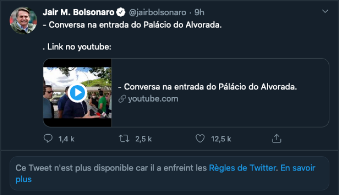 Capture d’écran du compte Twitter de Jair Bolsonaro, le 30 mars.