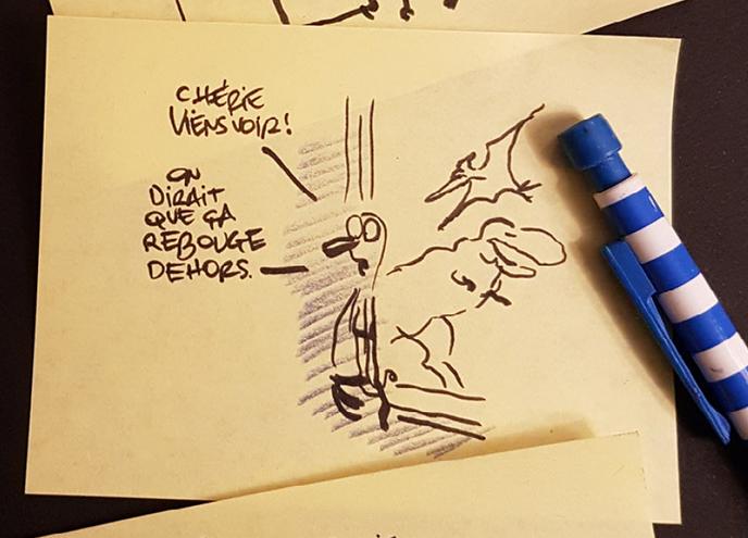 Dessin sur étiquettes autocollantes de Jean-Yves Ferri, en dernière page de « Robinson ».