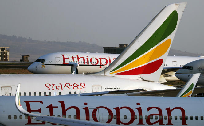 Des avions d’Ethiopian Airlines cloués au sol à l’aéroport international d’Addis-Abeba Bole, le 7 avril 2020.