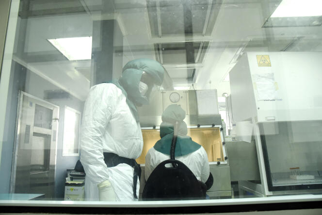 Des chercheurs de l’Institut Pasteur de Dakar travaillent sur le nouveau coronavirus dans un laboratoire sécurisé, le 3 février 2020.